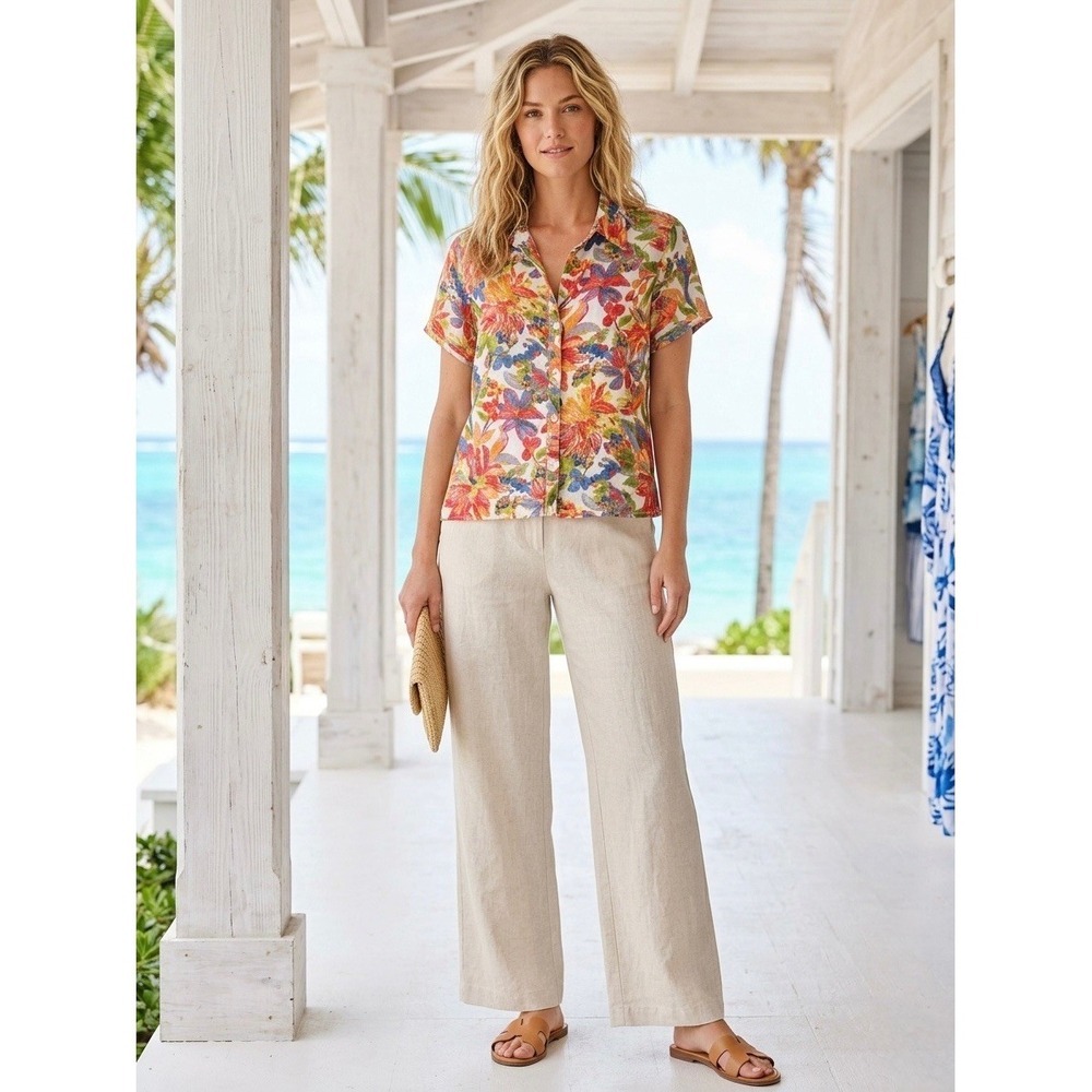 Tommy Bahama Womens Large Floral Linen Short Sleeve Button Up Shirt Tropical Top